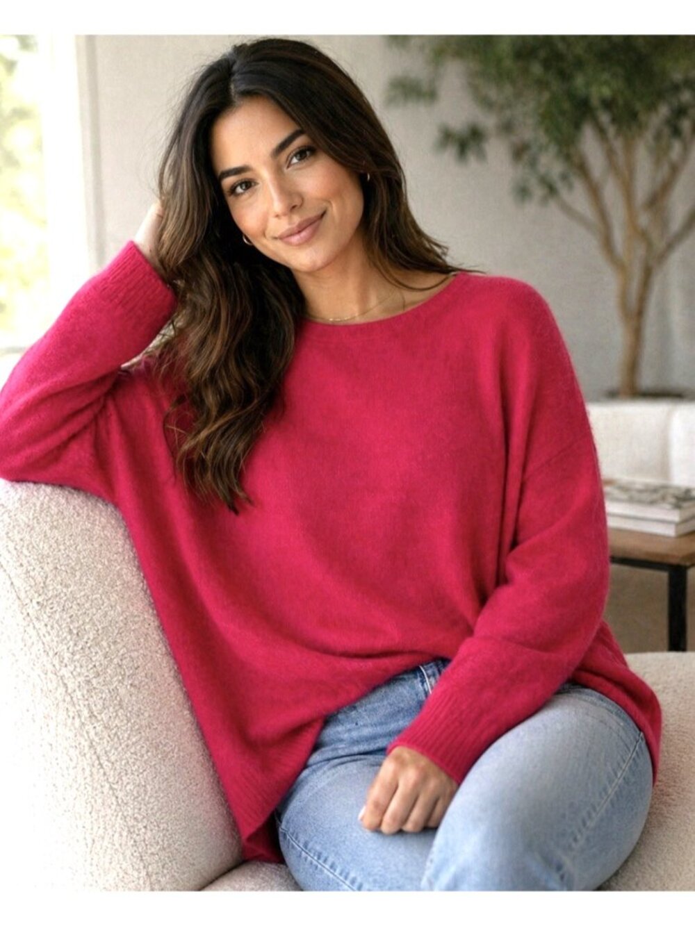 New Zara Hot Pink Wool Blend Crew Neck Ribbed Boho Sweater Pullover